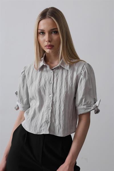 Kolları Bağlamalı Crop Gömlek - Gri