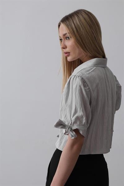 Kolları Bağlamalı Crop Gömlek - Gri