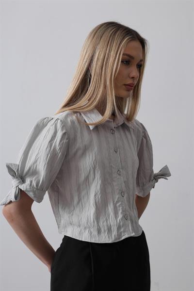 Kolları Bağlamalı Crop Gömlek - Gri