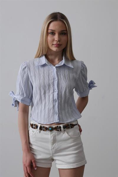 Kolları Bağlamalı Crop Gömlek - Mavi