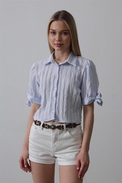 Kolları Bağlamalı Crop Gömlek - Mavi