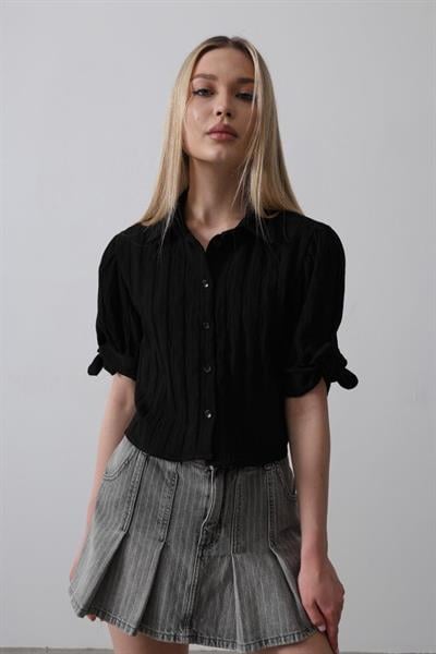 Kolları Bağlamalı Crop Gömlek - Siyah