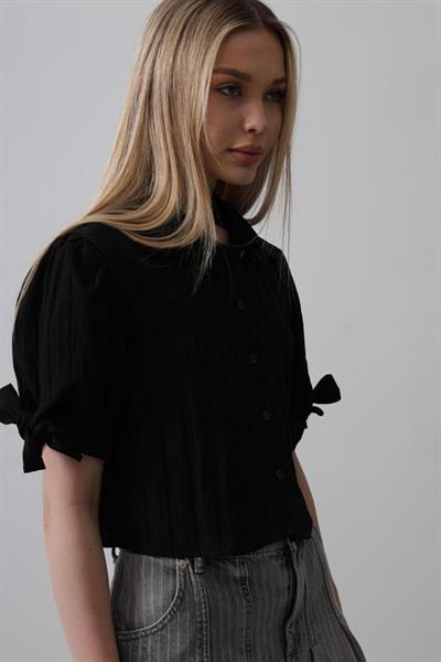 Kolları Bağlamalı Crop Gömlek - Siyah