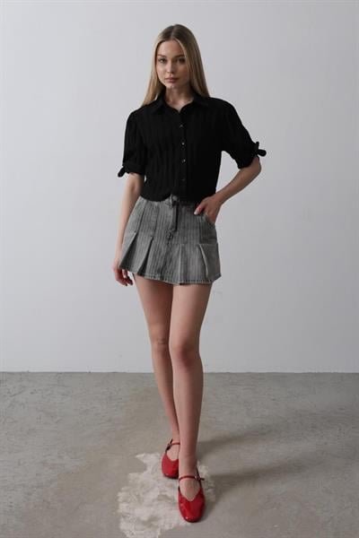 Kolları Bağlamalı Crop Gömlek - Siyah