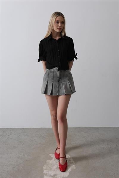 Kolları Bağlamalı Crop Gömlek - Siyah