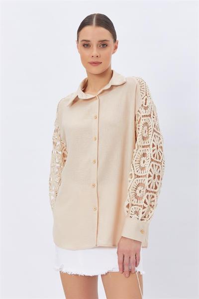 Kolları Kopanaki Keten Gömlek - Taş