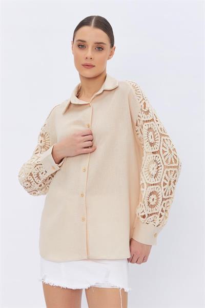 Kolları Kopanaki Keten Gömlek - Taş