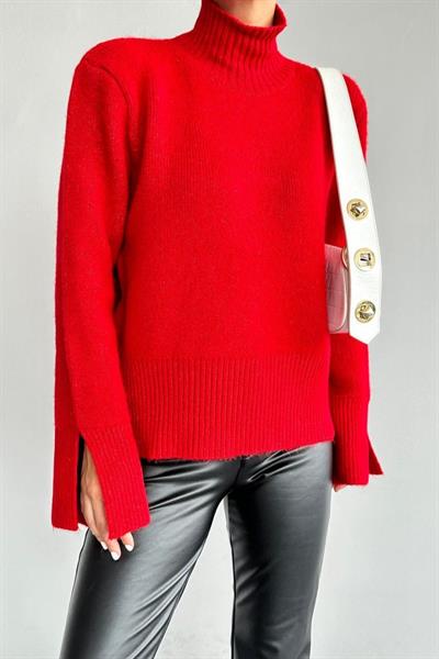 Kolları Yırtmaçlı Triko Kazak - Kırmızı