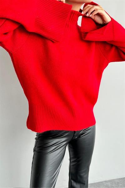 Kolları Yırtmaçlı Triko Kazak - Kırmızı