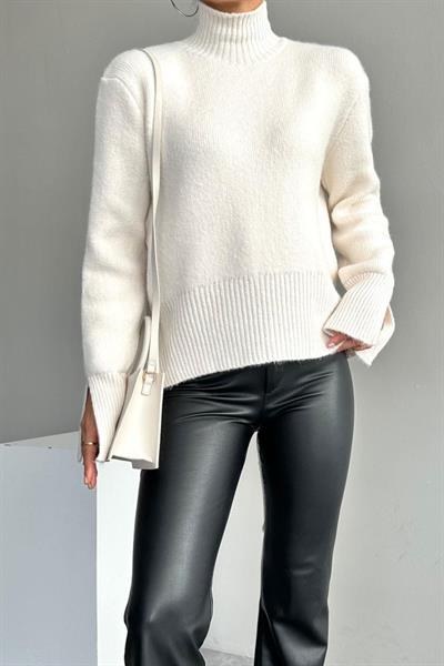 Kolları Yırtmaçlı Triko Kazak - Krem