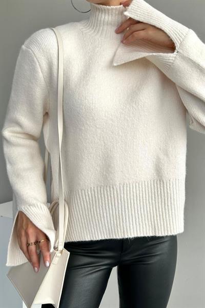 Kolları Yırtmaçlı Triko Kazak - Krem