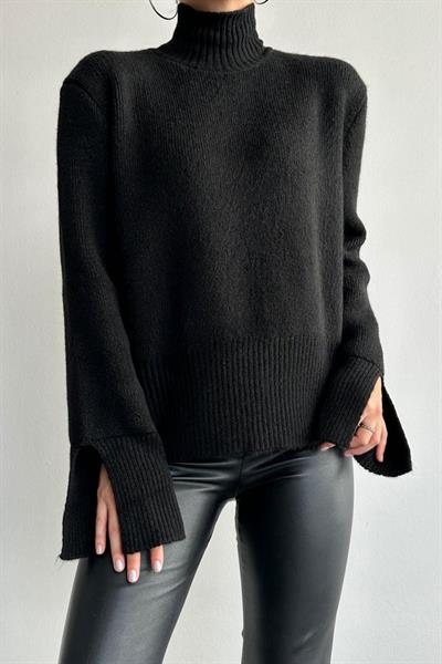 Kolları Yırtmaçlı Triko Kazak - Siyah