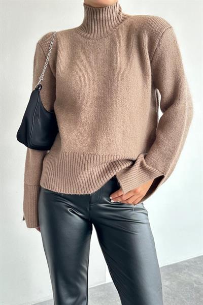 Kolları Yırtmaçlı Triko Kazak - Vizon