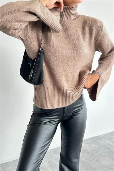 Kolları Yırtmaçlı Triko Kazak - Vizon