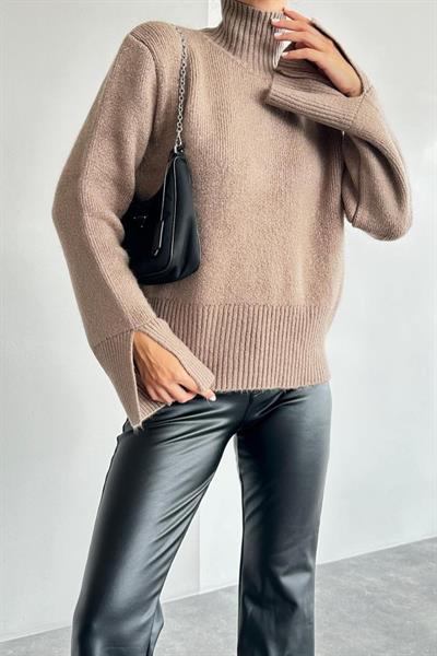 Kolları Yırtmaçlı Triko Kazak - Vizon