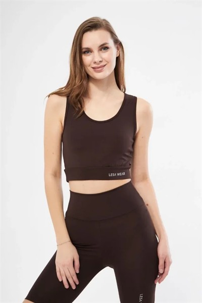 Kolsuz Sporcu Baskılı Crop - Kahve