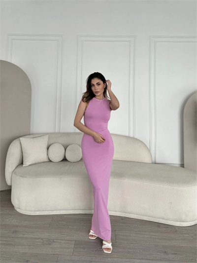 Kolsuz Uzun Elbise - Pembe