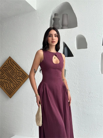 Kolsuz Uzun Kabardin Elbise - Bordo