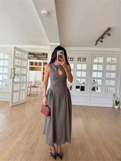 Kolsuz Uzun Kabardin Elbise - Gri