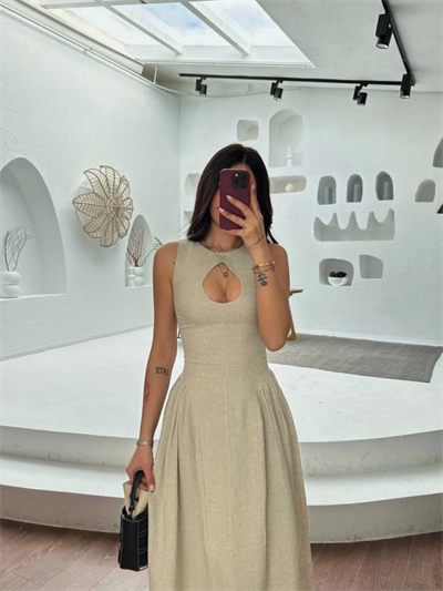 Kolsuz Uzun Kabardin Elbise - Gri