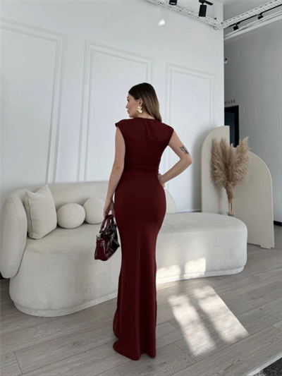 Kolsuz Uzun Likralı Elbise - Bordo