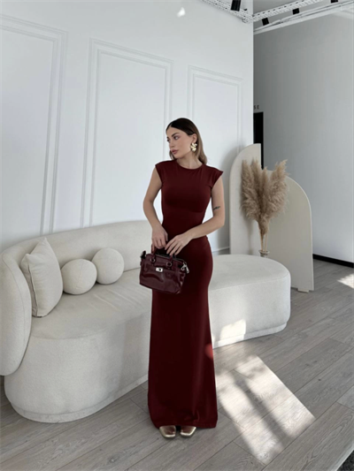 Kolsuz Uzun Likralı Elbise - Bordo