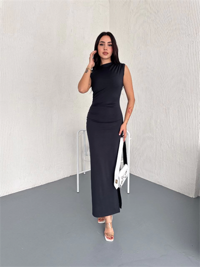 Kolsuz Yırtmaçlı Uzun Maxı Boy Elbise - Lacivert