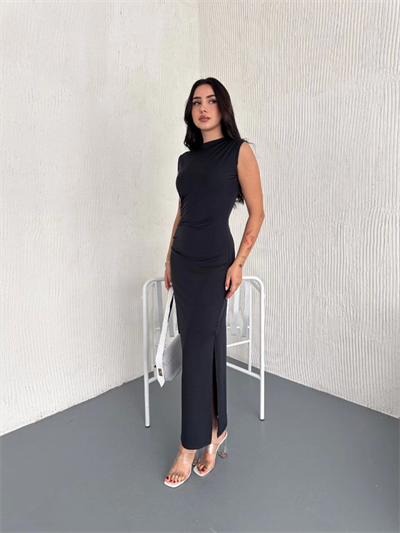 Kolsuz Yırtmaçlı Uzun Maxı Boy Elbise - Lacivert