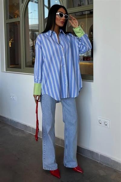 Kolu Manşet Detay Çizgili Oversize Gömlek 3405