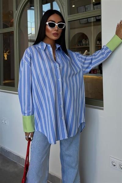 Kolu Manşet Detay Çizgili Oversize Gömlek 3405