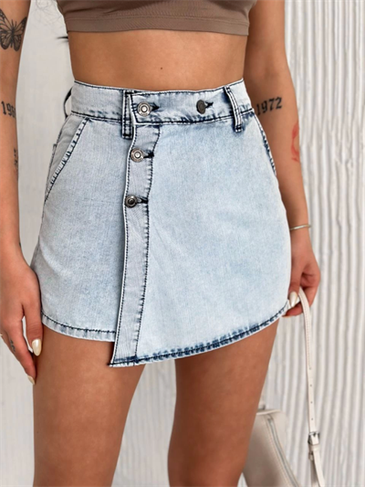 Kot Jeans Kesimetrik Kesim Cepli Şortlu Etek - Gri