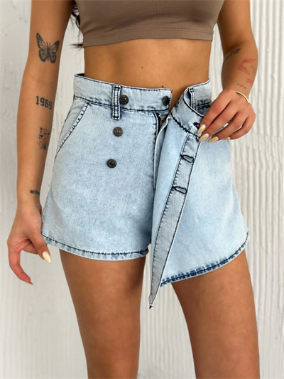 Kot Jeans Kesimetrik Kesim Cepli Şortlu Etek - Gri