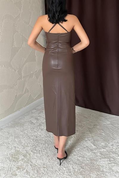 Koyu Kahve Sırt Dekolteli Deri Elbise