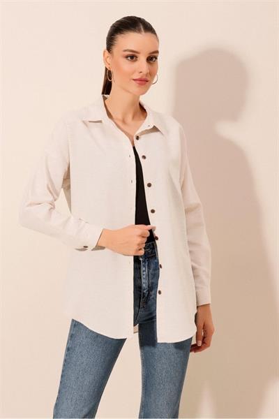 Krem Düz Oversize Uzun Basic Gömlek 3900