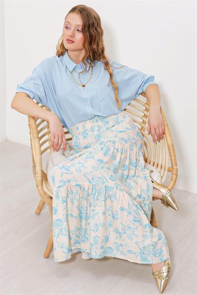 Krem Mavi Desenli Uzun Viskon Etek 1898