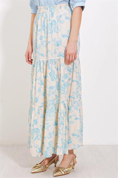 Krem Mavi Desenli Uzun Viskon Etek 1898