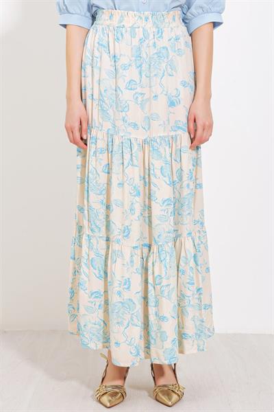 Krem Mavi Desenli Uzun Viskon Etek 1898