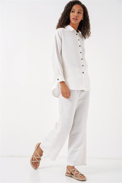 Krem Oversize Keten Alt Üst Takım 6622