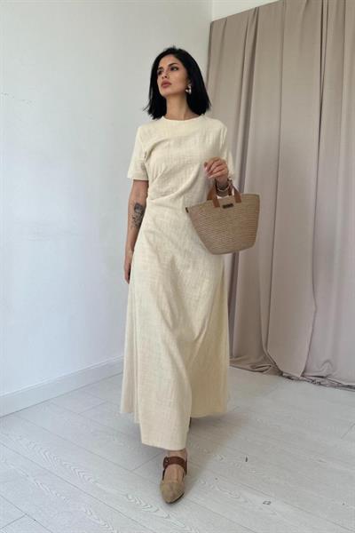 Krem Pileli Bisiklet Yaka Elbise