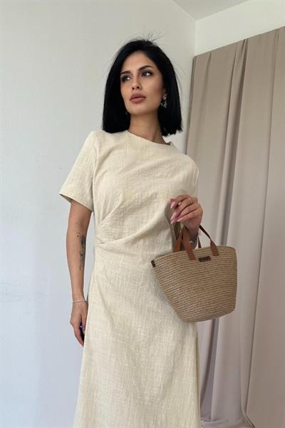 Krem Pileli Bisiklet Yaka Elbise