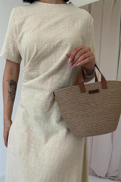 Krem Pileli Bisiklet Yaka Elbise