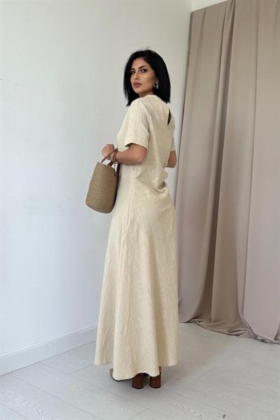 Krem Pileli Bisiklet Yaka Elbise