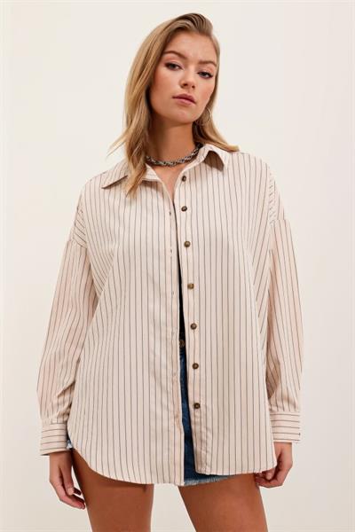 Krem Siyah Çizgili Oversize Uzun Basic Gömlek 3900