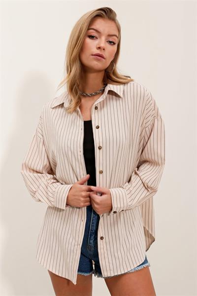 Krem Siyah Çizgili Oversize Uzun Basic Gömlek 3900