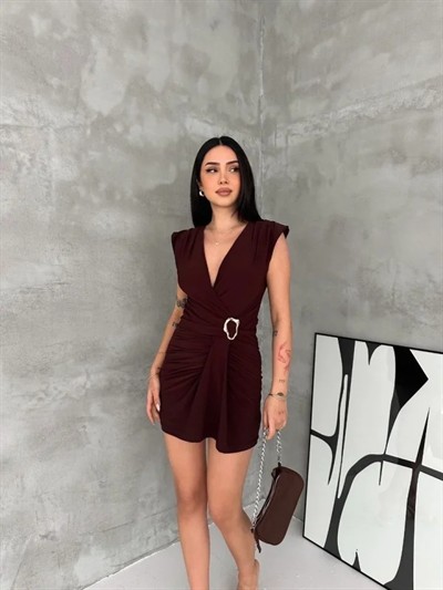Kruvaze Drapeli Tokalı Mini Elbise Şık Gece Davet Abiye - Kahverengi