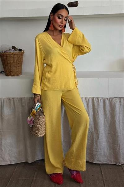 Kruvaze Model Klasik Pantolonlu Çupra Keten Takım 10191