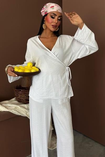 Kruvaze Model Klasik Pantolonlu Çupra Keten Takım 10191