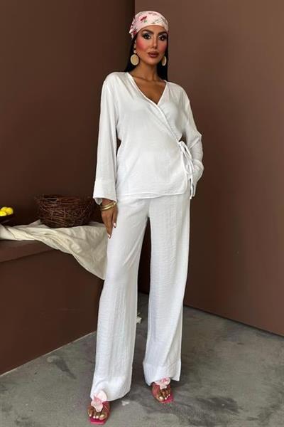 Kruvaze Model Klasik Pantolonlu Çupra Keten Takım 10191