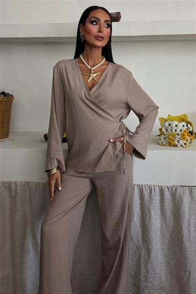 Kruvaze Model Klasik Pantolonlu Çupra Keten Takım 10191