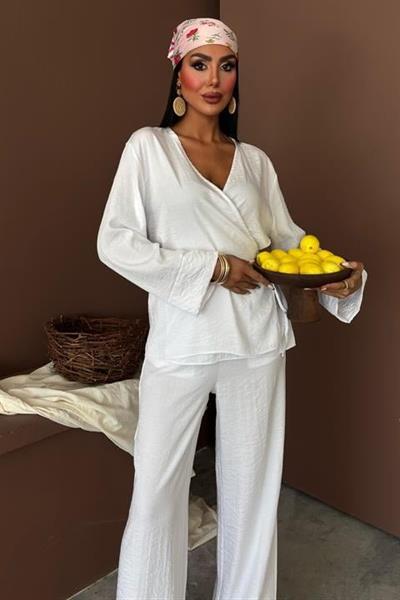 Kruvaze Model Klasik Pantolonlu Çupra Keten Takım 10191